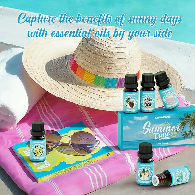 ARVIDSSON Summer Essential Oils Set, Tropical Fragrance Oil for Diffuser, Soap and Candle Making - Ocean Breeze, Pina Colada, Fresh Cotton, Pink Sand, Plumeria, Coconut, Scented Oil for Home