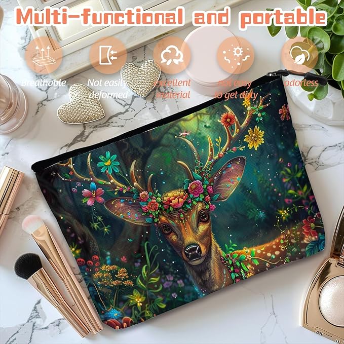 Scribesense Cosmetic Bags Travel Makeup Toilet Case Waterproof Pouch for Women Girls 6.7X9.45inches - Deer'S Graceful Look With Blooming Antlers