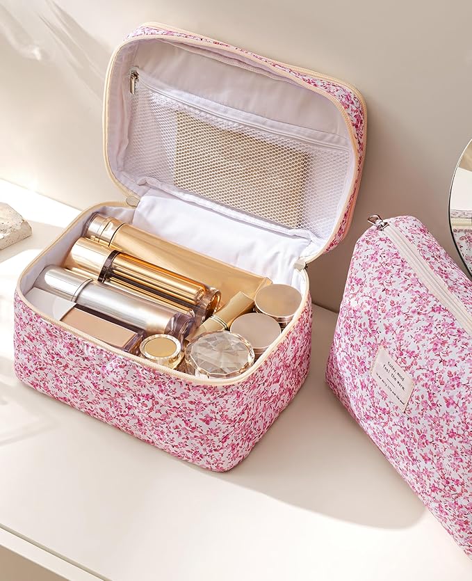 HBselect 2Pcs Travel Makeup Bag Large Quilted Cosmetic Bag Make up Bag
