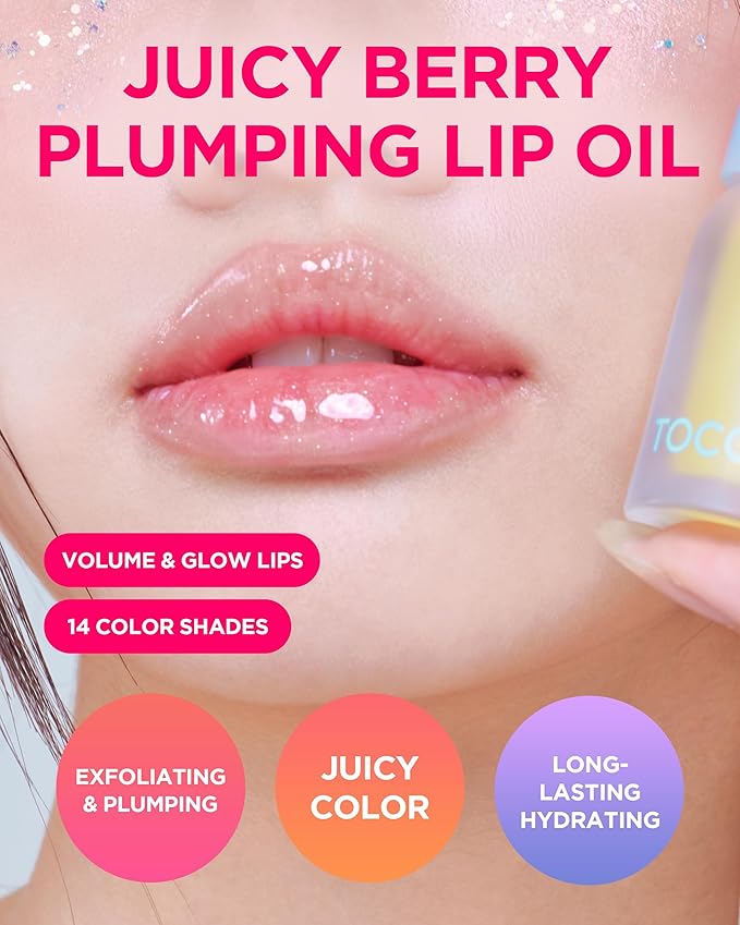TOCOBO Glam Max Lip Oil 00 Frozen Berry (Clear + Icy Shimmer) – Volufiline Extreme Plumping Vegan Gloss - Non Sticky Formula for All Skin Tones, Glass Lips Topper, Silicone Tip, 0.12 fl.oz.