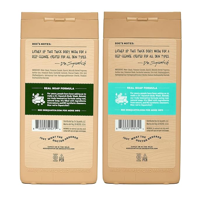 Dr. Squatch Natural Men's Body Wash Shower Gel - Cleansing, Nourishing, Long Lasting Scent, Moisturizing Body Wash for Men - Pine Tar + Coconut Castaway (14 oz, 2-Pack)