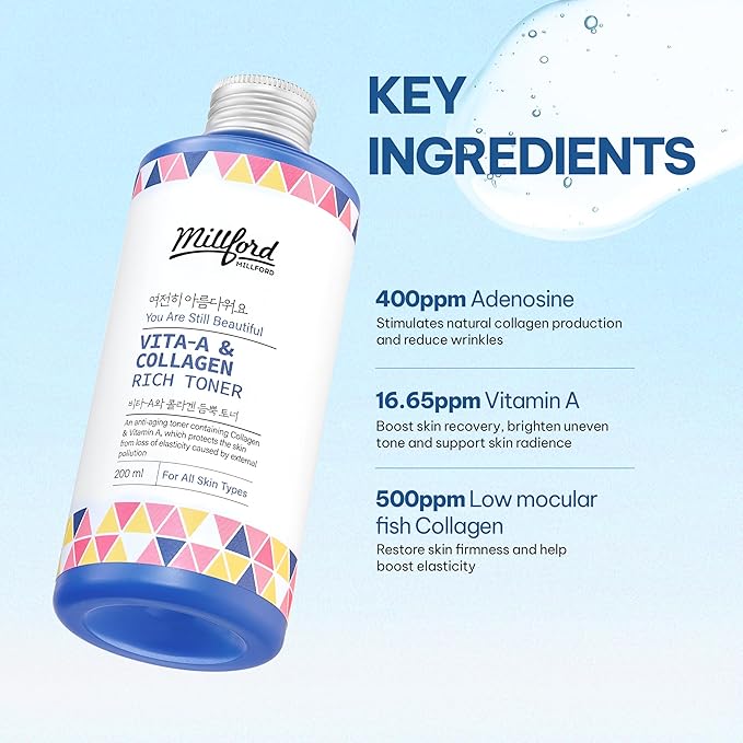Millford Vita A & Collagen Rich Toner 200ml/6.76 fl.oz - Anti-Aging Retinol Face Toner with Marine Collagen & Panthenol for Fine Lines, Wrinkles, Elasticity & Deep Hydration, Korean Skincare