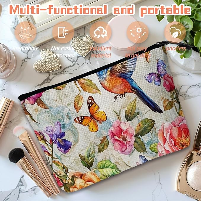 Scribesense Cosmetic Bags Travel Makeup Toilet Case Waterproof Pouch for Women Girls 6.7X9.45inches - Whimsical Flower - Bird - Butterfly World