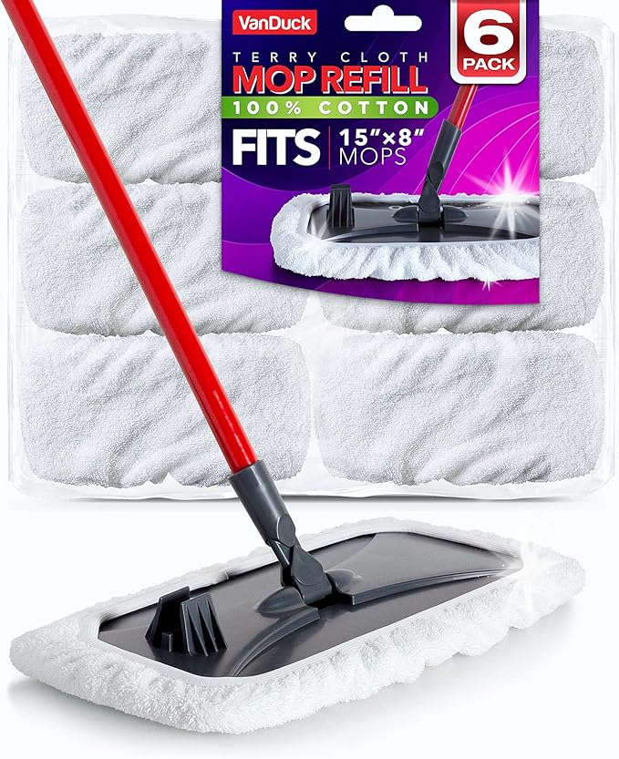 VanDuck 100% Cotton Terry Mop Pads 15x8 Inches, 6-Pack (Mop Not Included)