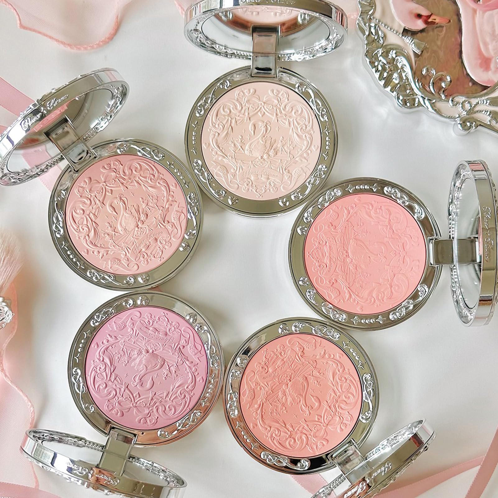 Flower Knows Swan Ballet Embossed Blush,Warm Peachy Pink Matte Powder Blush for Cheeks,Buildable & Blendable Face Makeup,Soft Long-Lasting Cute Make Up for Women & Girls,0.17 Oz(05 Dreamy Season)