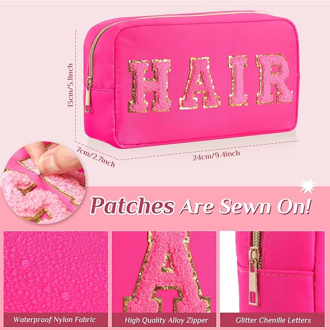Remerry 4 Pcs Nylon Makeup Bags Waterproof Spacious Travel Cosmetic Bag for Women Chenille Letter Preppy Zipper Pouch Face Stuff Skin Hair Organizer Gift(Fluorescent Colors)