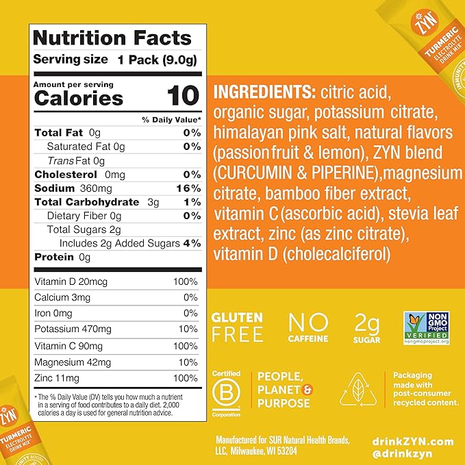 ZYN Electrolyte Drink Mix Hydration Packets, Passion Fruit Electrolytes Powder, Hydration Packets w/Turmeric Curcumin, Vitamin C & D, Zinc, Hydrate & Recover Electrolyte Powder, Pack of 16
