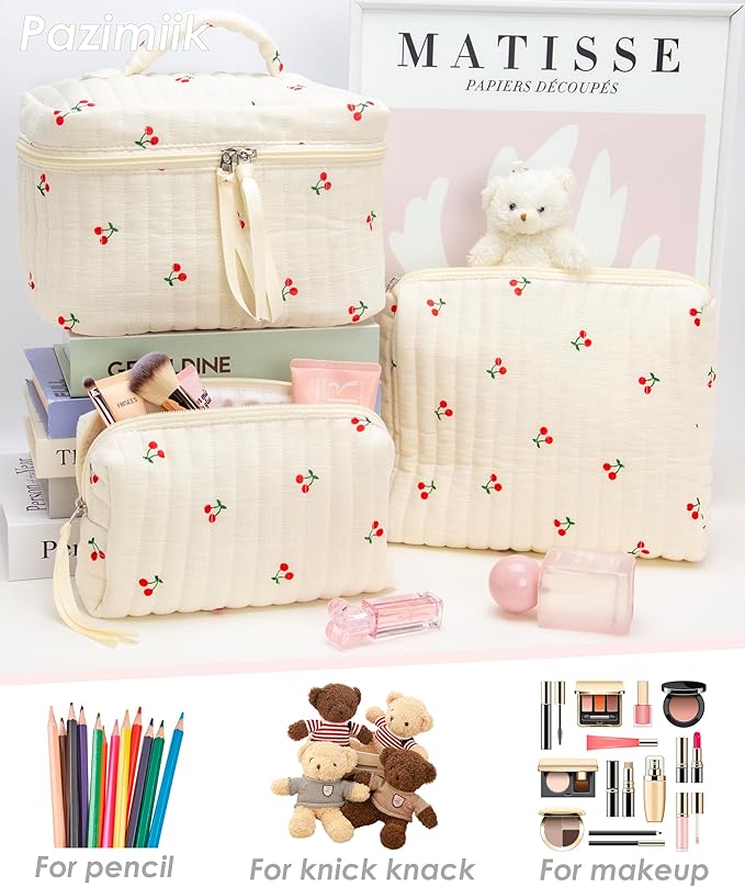3 Piece Quilted Makeup Bag Set for Women,Cosmetic&Toiletry Bag,Cherry Beige