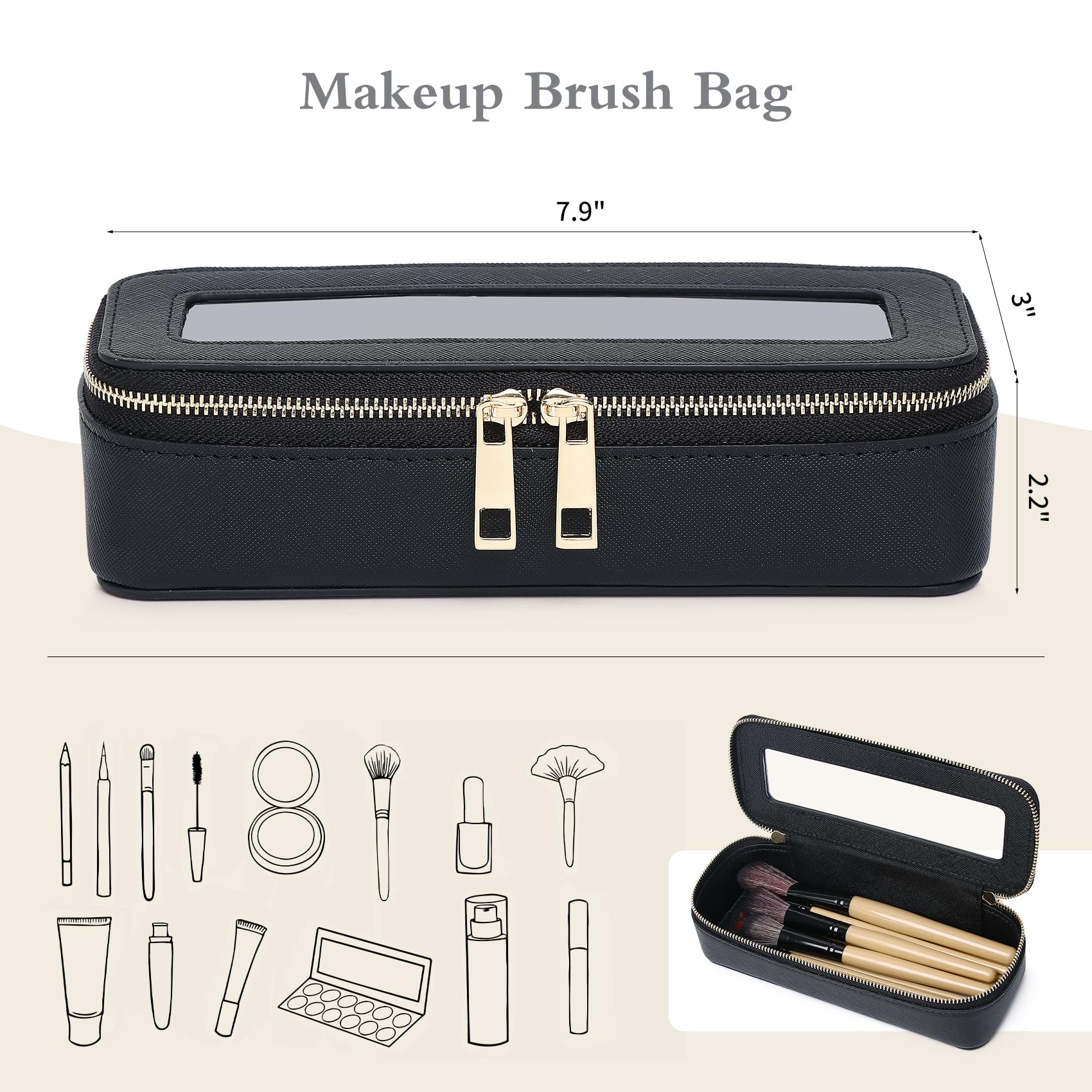 Pinkmik Makeup Brush Bag Slim Clear Makeup Bag Transparent Travel Cosmetic Case & Toiletry Bag with Zipper Small Beatuy Makeup Bag Purse Organizer for Women (Black, SLIM)
