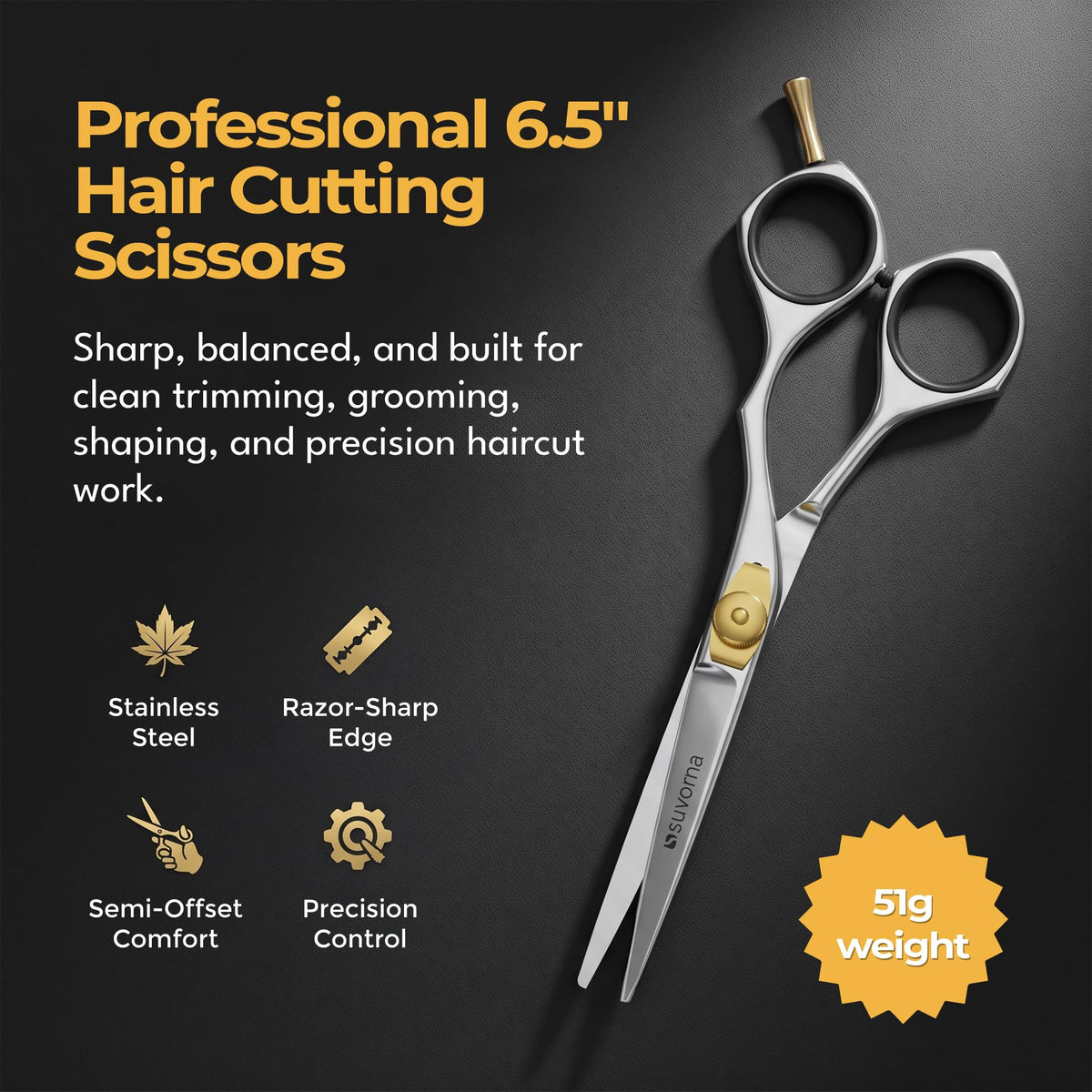 Suvorna 6.5" Hair Cutting Scissors for Professionals, Barbers - Hair Shears for Cutting, Trimming, Grooming, Precision - Extremely Sharp Razor Edge - Made With Japanese Stainless Steel for Men, Women.