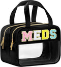 BuyCard Chenille Letter Clear Medicine Makeup Bag for Travel, Preppy Patch Nylon Cosmetic Meds Pouch with Handles and Zipper, Waterproof Large Travel Toiletry Bag Storage Case for Women Black