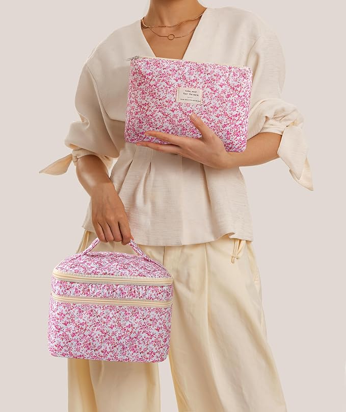 HBselect 2Pcs Travel Makeup Bag Large Quilted Cosmetic Bag Make up Bag