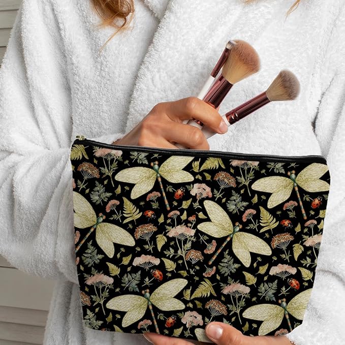 SAFDSGFDB Vintage Floral Dragonfly Makeup Bag, Dragonfly Gifts Cosmetic Bags for Women, Dark Cottagecore Floral Botanical Insects Portable Travel Toiletry Bag Zipper Makeup Pouch