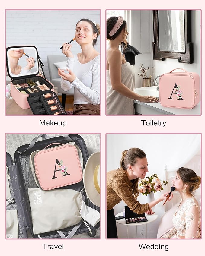 Relavel Initial Makeup Bag with LED Mirror for Women Girls, Personalized Travel Cosmetic Organizer Train Case, Birthday Gifts for Grandkids Bridesmaid Graduation Teacher Friends, Trendy Stuff, Pink G