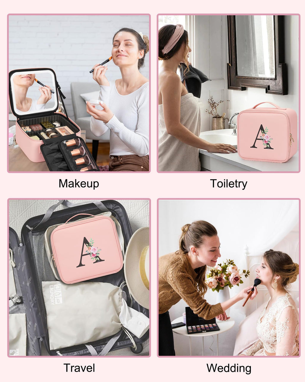 Relavel Initial Makeup Bag with LED Mirror for Women Girls, Personalized Travel Cosmetic Organizer Train Case, Birthday Gifts for Grandkids Bridesmaid Graduation Teacher Friends, Trendy Stuff, Pink W