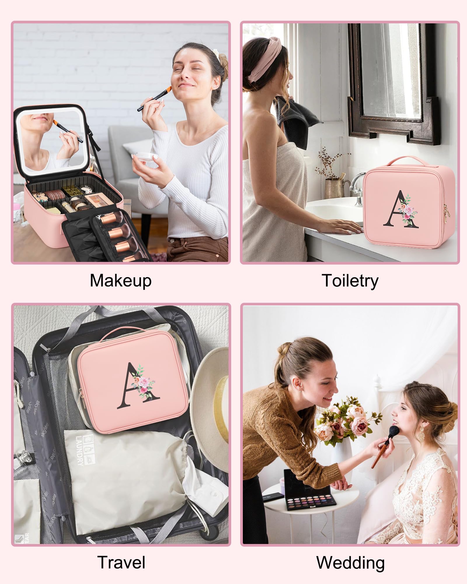 Relavel Initial Makeup Bag with LED Mirror for Women Girls, Personalized Travel Cosmetic Organizer Train Case, Birthday Gifts for Grandkids Bridesmaid Graduation Teacher Friends, Trendy Stuff, Pink W