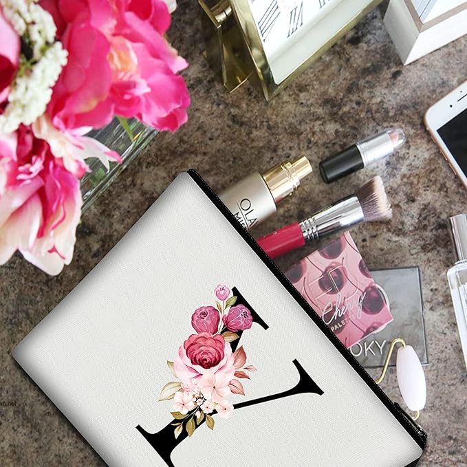 Vavabox A-Z Personalized Makeup Bag, Birthday Gifts for Women Mom, Gifts for Best Friend, Bride Bridesmaid Cosmetic bag (Y, 01-White)