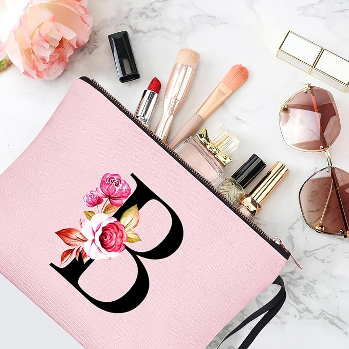 Vavabox A-Z Personalized Makeup Bag, Birthday Gifts for Women Mom, Gifts for Best Friend, Bride Bridesmaid Cosmetic bag (B, 06-Pink)