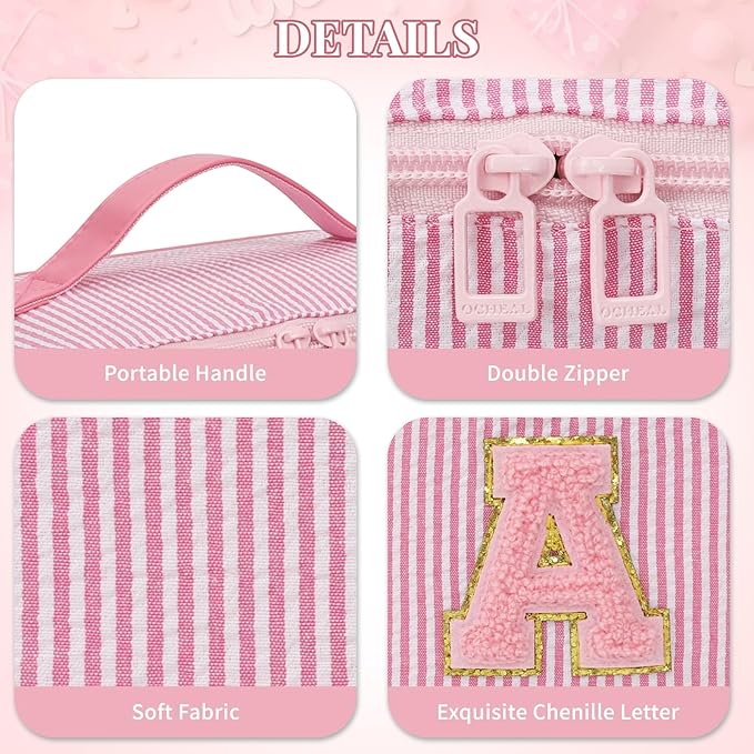 2026 Graduation Gifts - Travel Makeup Bag for Women, 2Pcs Portable Personalized Initial Makeup Organizer Bag, Open Flat Large Cosmetic Bag With Travel Essential Pouch (Pink Letter W)