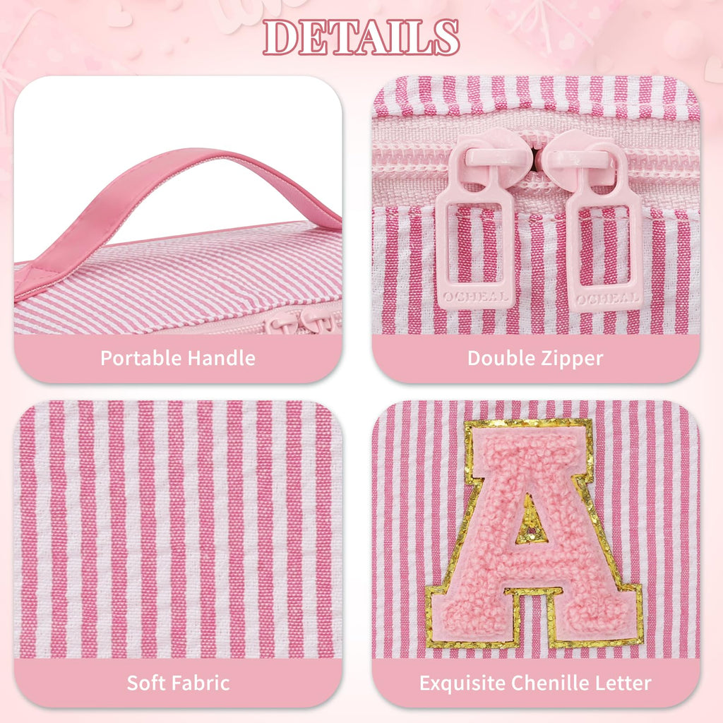 2026 Graduation Gifts - Travel Makeup Bag for Women, 2Pcs Portable Personalized Initial Makeup Organizer Bag, Open Flat Large Cosmetic Bag With Travel Essential Pouch (Pink Letter C)