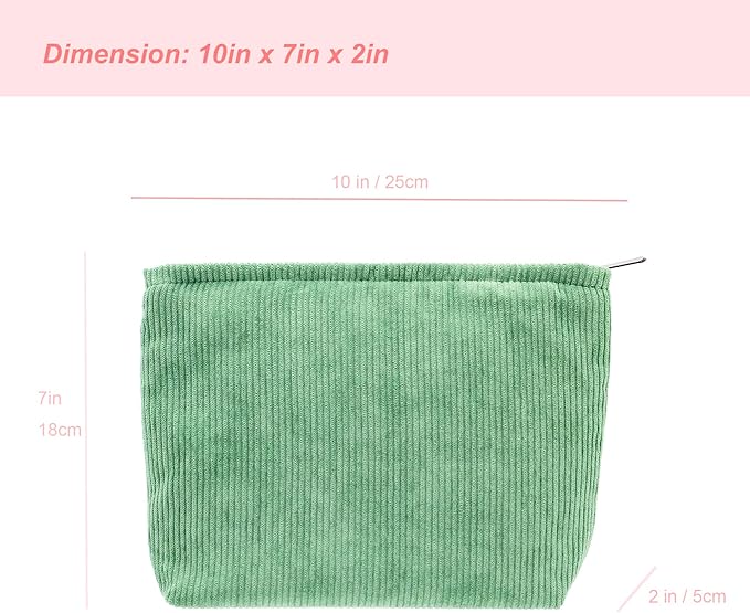 Flat Makeup Bag for Women,Zipper Cosmetic Pouch for Purse,Corduroy Green