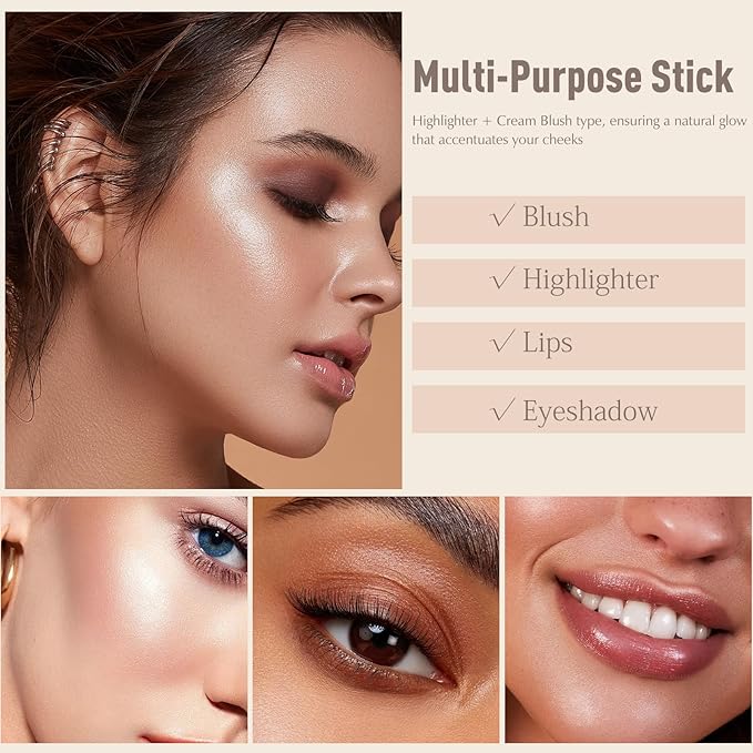 Nude Wheat Blush Stick, Glowing Cream Blush Makeup Multi-Use for Cheeks Lips Body, Hydrating Natural Lightweight Iluminadores De Maquillaje Buildable Watercolor Face Balm Highlighter Stick