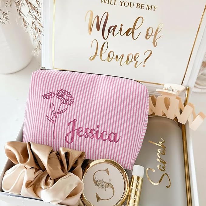 Ajiangwu Personalized Makeup Bag with Embroidered Name&Birth Flower for Bridesmaid Gifts,Custom Small Travel Cosmetic Bag Toiletry Bag Wedding Gifts for Bride