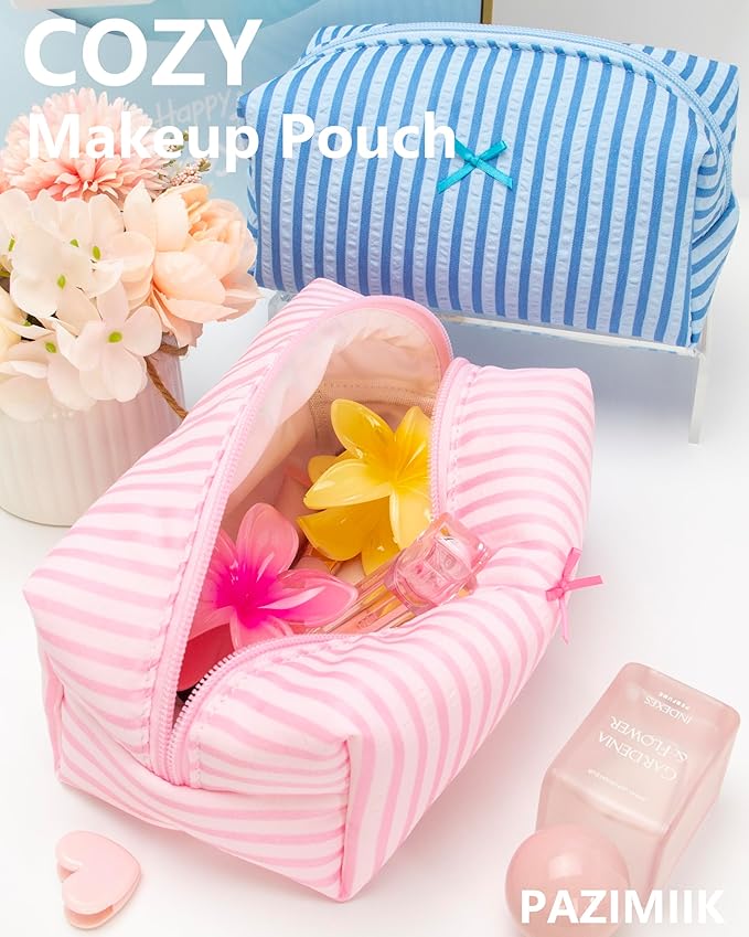 PAZIMIIK Cozy Makeup Bag for Women,Zipper Cosmetic Pouch,Stripe Cute Pink