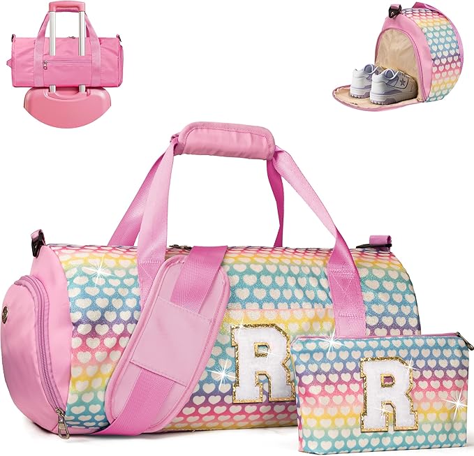 Vogewood Birthday Gift for Girls, Kids Sparkly Glitter Initial Duffle Bag
