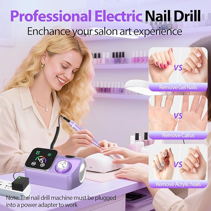 PYVOLA Professional Electric Nail Drill E-File Machine - 45,000 RPM Corded Nail Drills Kit with Low Noise & LED Display for Shaping, Removing & Polishing Acrylic Gel Nails for Salon Home