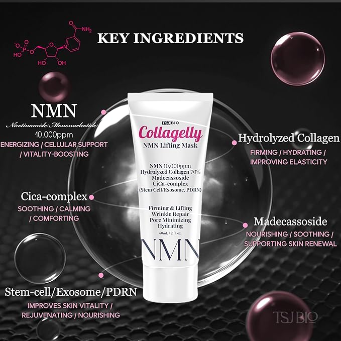 TSJ Bio NMN Collagelly Lifting Mask – 2.1 fl. Oz with 10,000ppm NMN, 70% Collagen, Exosome Complex - Exosomes for Skin Serum, Exosome, Stem Cell Peel-Off Face Mask for Anti-Aging, Firmness, Glow