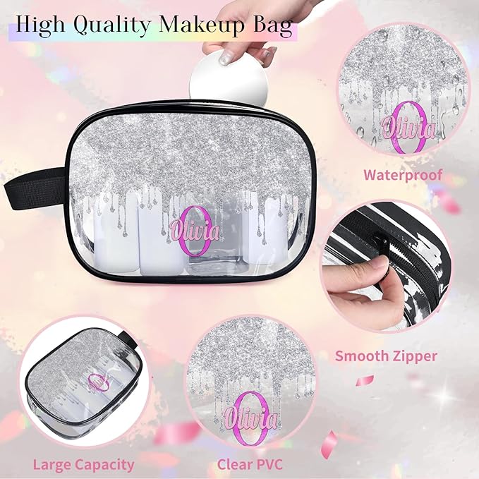 KFNHN Personalized Name Toiletry Bag, Transparent PVC Large Travel Cosmetic Bag Portable Makeup Organizer Bag for Women Bathroom Shower Essentials, Silver Curtain Glittering