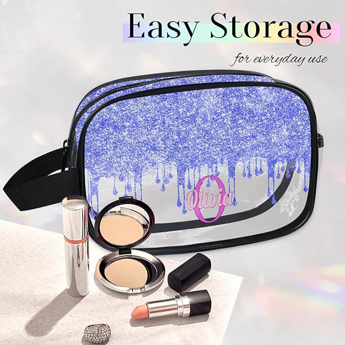 KFNHN Personalized Name Clear Makeup Bag, Custom Women Transparent Cosmetic Travel Toiletry Bag Pouch Organizer for Vacation Weekend, Bright Blue Curtain Glittery