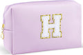 URSKYTOUS Gifts for Girls Initial Makeup Bag Personalized Cosmetic Bag with Zipper Cute Travel Toiletry Bag Waterproof PU Preppy Makeup Pouch Birthday Gift for Teen Girls Women(Purple H)