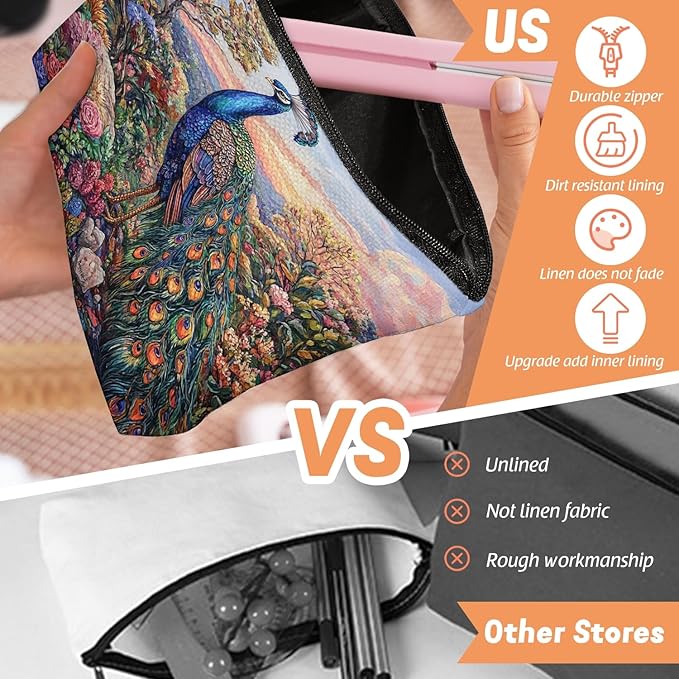 Scribesense Makeup Bag Travel Cosmetic Bags Small Makeup Case Waterproof Zipper Pouch for Women Girls 7X9inches - Peacock in A Dusk - Filled Floral Landscape