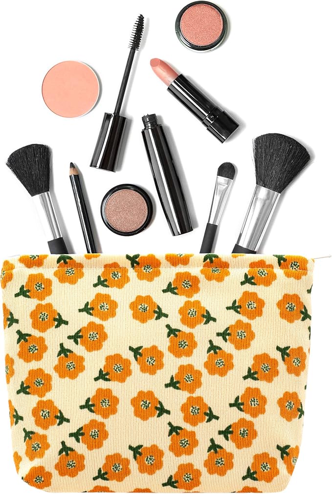 Flat Makeup Bag for Women,Zipper Cosmetic Pouch for Purse,Flower Yellow