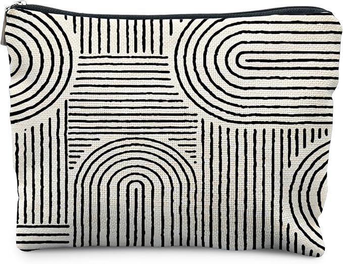 RYYCDOI Abstract Minimalist Black and White Makeup Bag, Aesthetic Boho Rainbow Line Art Cosmetic Bags for Women, Boho Gifts for Women, Contemporary Modern Zipper Makeup Pouch
