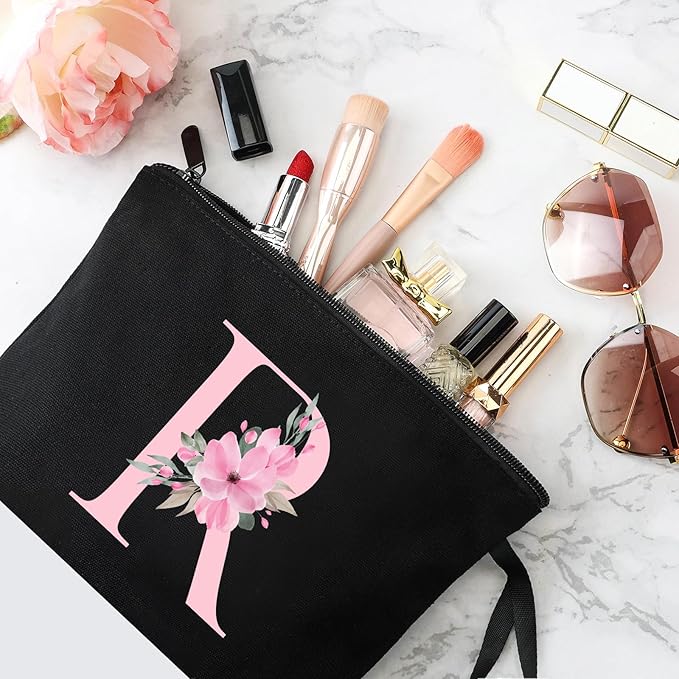 Vavabox A-Z Personalized Makeup Bag, Birthday Gifts for Women Mom, Gifts for Best Friend, Bride Bridesmaid Cosmetic bag (R, 02-Black)