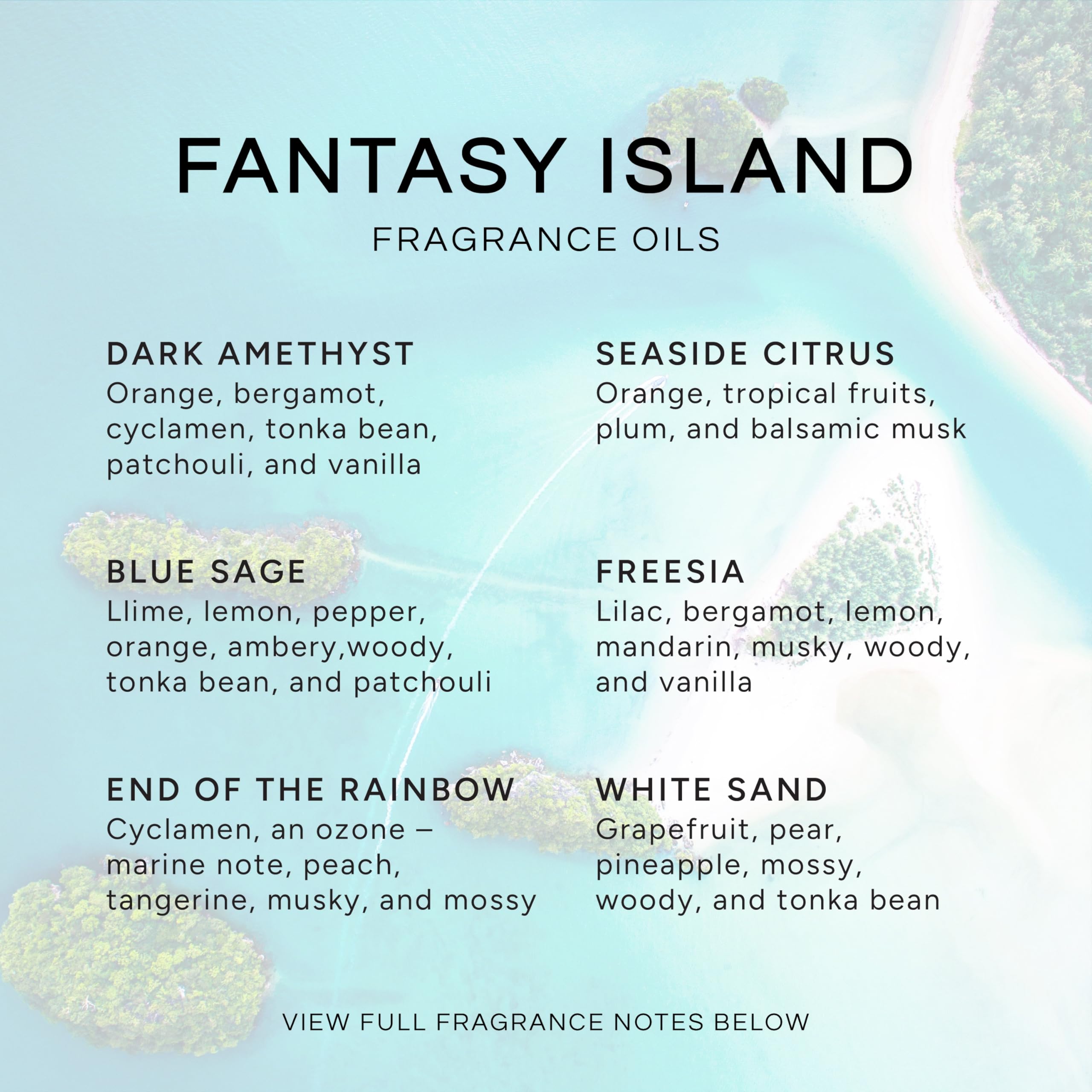 Eternal Essence Oils Fantasy Island Set of 6 Premium Fragrance Oils - Includes Freesia, Dark Amethyst, Blue Sage, End of The Rainbow, White Sand, and Seaside Citrus Scented Oils - 10ML