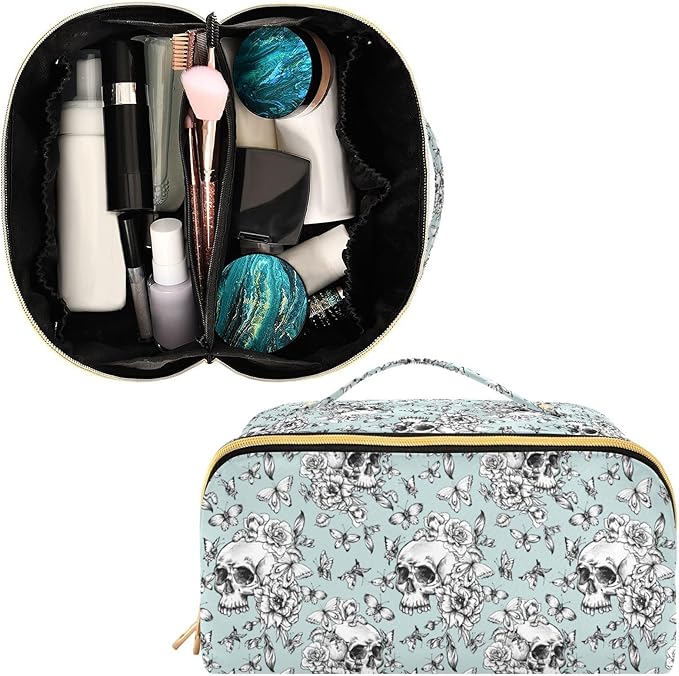 MNSRUU Makeup Organizer Bag, Vintage Goth Skull Travel Makeup Bags Makeup Vanity Case Large Capacity Rhombus Cosmetic Toiletry Bag for Girl Women Ladies