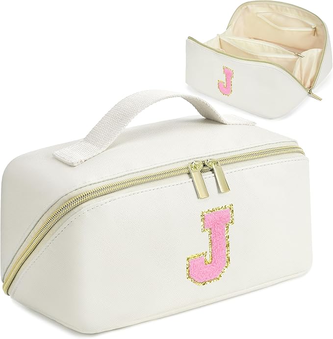 for Valentines Day Gifts, Makeup Bag for Women, PU Leather Travel Toiletry Bags, Initial Make Up Cosmetic Pouch for Teen Girls, Wide Open Portable Skincare Bag, Personalized Birthday Gifts, White J