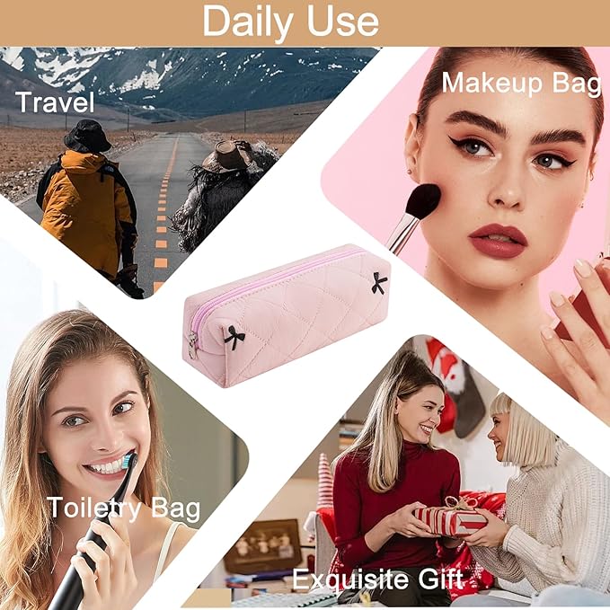 HHQQWZ Cute Floral Cotton Makeup Brush Cosmetic Bag for Women, Travel Quilted Zipper Make Up Bag, Flowers Toiletry Organizer Case Kawaii Makeup Cosmetic Travel Cloth Pouch (Pink)