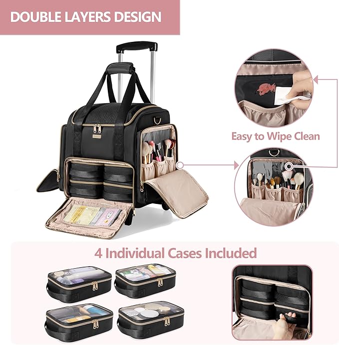 Prokva Rolling Makeup Case, Professional Makeup Train Case with Wheels