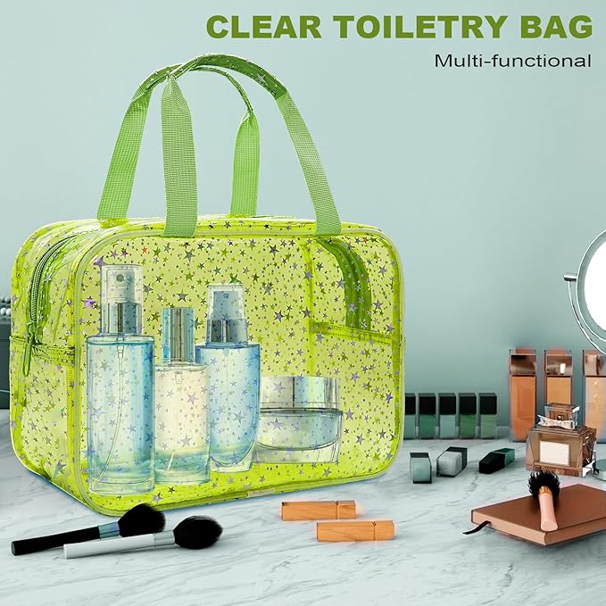 Junesters Large Clear Makeup Bag 12x5x8 Green Star Pattern - Waterproof PVC Travel Cosmetic Organizer with Handle, Durable Transparent Toiletry Case for Women Girls Travel Gym Beach Storage