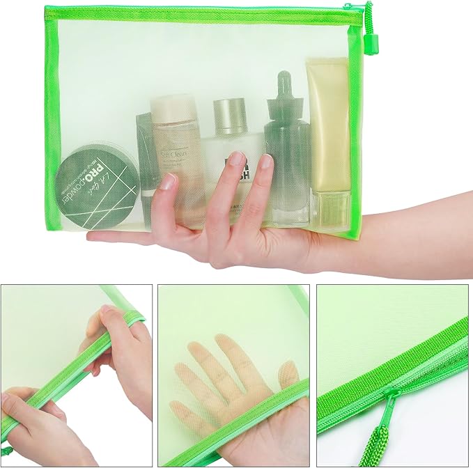 Sinzip 12 Pieces Zipper Nylon Mesh Pouch, Mesh Cosmetic Bags Makeup Bags Pencil Case, Multipurpose Travel Bags for Cosmetic School Office Supplies and Travel Accessories (Green, A5)