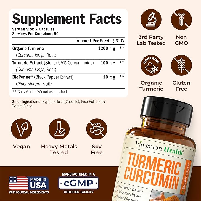 Turmeric Curcumin Supplement – 1200mg Organic Turmeric Curcumin With Black Pepper Extract for Max Absorption – Digestive & Joint Supplements For Men & Women w. Tumeric Extract & Bioperine – 180 Caps