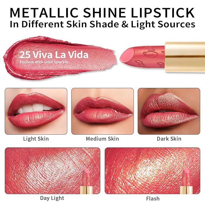 Oulac Glitter Lipstick for Women with Metallic 3D Shine Lightweight Hydrating Formula, High Impact Lip Color, Full Coverage Lip Makeup, Vegan & Gluten Free, Viva La Vida(25)