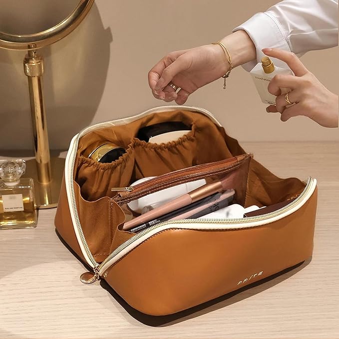 Prite Makeup Bag Travel Toiletry Bag Open Flat Cosmetic Organizer for Women