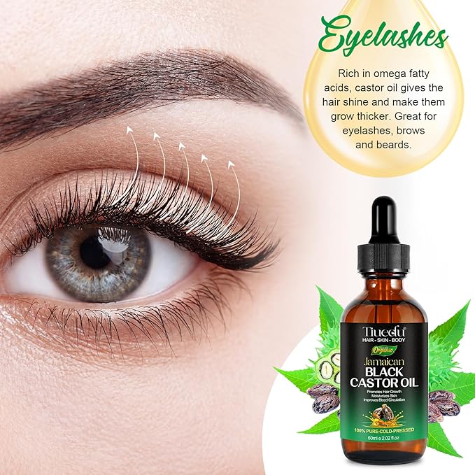 Tiuedu 2PCS Jamaican Black Castor Oil for Hair Growth,Thicker Eyelashes & Eyebrows,Castor Oil for Face,Body & Skin,100% Pure Cold Pressed Black Castor Oil,Hair Nourishing Oil