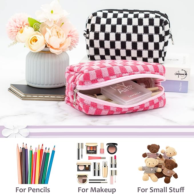 Checkered Makeup Bag for Purse, Small Cosmetic Pouch,Green Hotpink,2 Pack